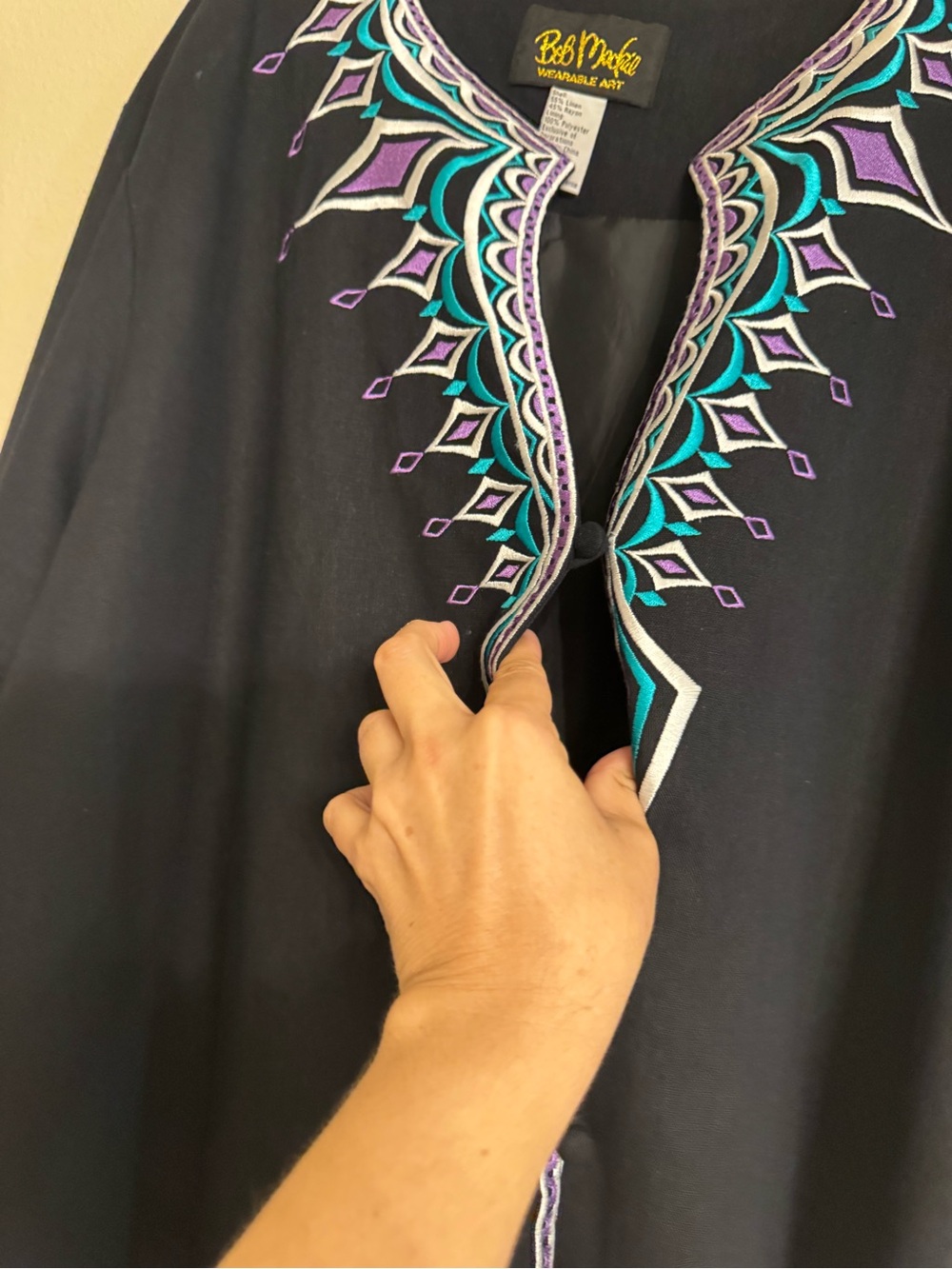 Bob Mackie Wearable Art Womens Plus Size 3X Embroidered Jacket Linen Black Blue - Picture 8 of 16